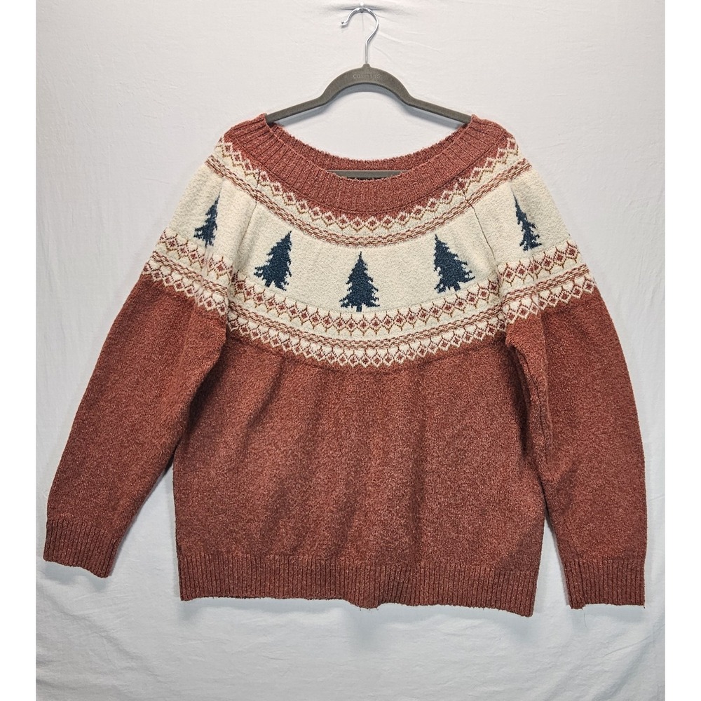 Maurices Sweater XXL Rust Cream Fair Isle Trees Cozy Winter Pullover Cabincore